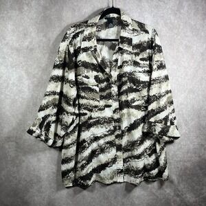 Maggie Barnes Shirt Women 3X 26/28W Brown Tan Camo Button Up Artsy Career Office